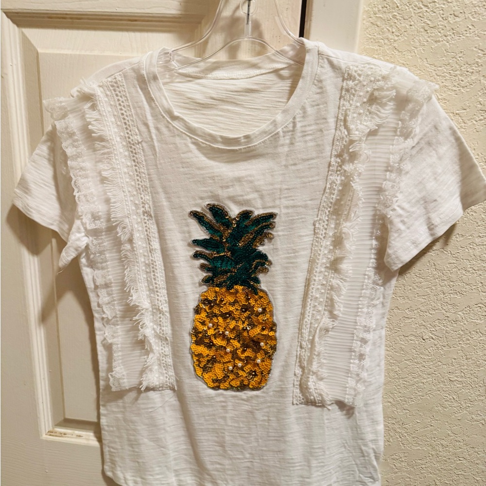 Girls White Sequin Pineapple Tee